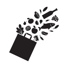 black silhouette of grocery bag with various food items spilling out