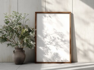 Empty picture frame mockup displayed on clean neutral wall in contemporary interior, ideal for artwork, poster, and branding visuals