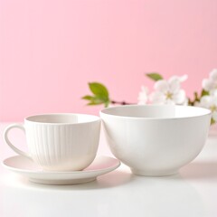 A pair of elegant porcelain cups and matching saucers, adorned with delicate floral patterns, resting on a rustic wooden table, inviting warmth and charm.