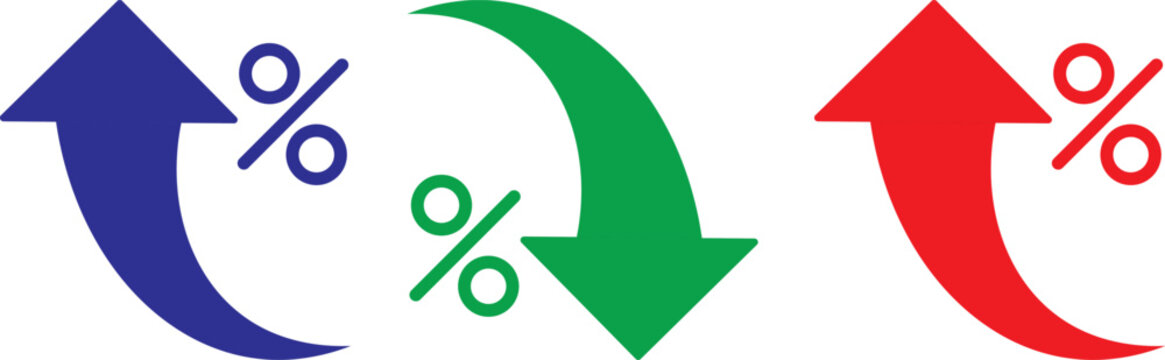 Percent Arrow Icon Set. curved arrow icon with percent symbol, economic growth, increase. Thin stroke editable icons. with increase arrow up icon, decrease arrow down icon
