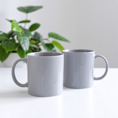 Two elegant gray ceramic mugs with smooth finishes rest side by side on a pristine white table, casting soft shadows in the gentle light.