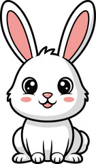 Obraz premium Adorable white cartoon rabbit illustration sitting and smiling, a charming graphic design element perfect for children's books and cute animal themes