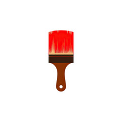 Digital illustration of a paintbrush with red bristles and a brown wooden handle, isolated
