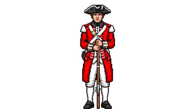 A cartoon illustration of a colonial soldier in a red coat and tricorn hat holding a musket