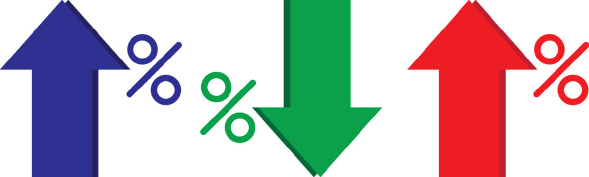 Percent Arrow Icon Set. curved arrow icon with percent symbol, economic growth, increase. Thin stroke editable icons. with increase arrow up icon, decrease arrow down icon