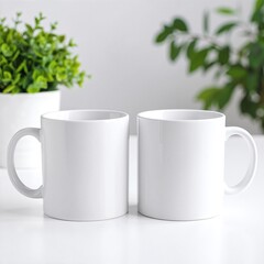 Two elegant white ceramic mugs with smooth finishes are placed side by side on a rustic wooden table, casting soft shadows in the warm light.