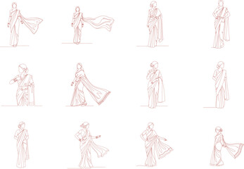 Fototapeta premium Illustrations of Women Wearing Sarees in Various Styles