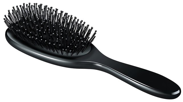 Glossy, black oval hairbrush with bristly pins, isolated on a white backdrop, angled shot