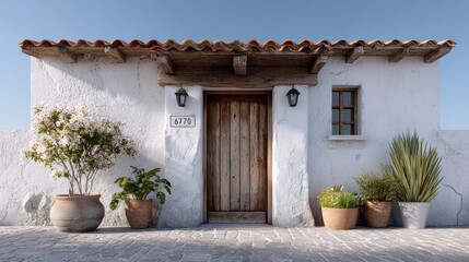 Charming rustic house with wooden door, adorned with potted plants and flowers, showcasing traditional architecture and inviting atmosphere, perfect for home design inspiration and outdoor living conc
