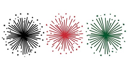 Graphic art of stylized bursting fireworks in three colors, black, red, and green