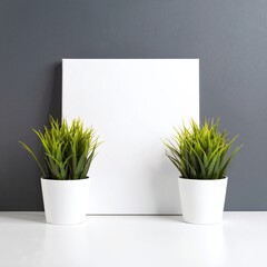 Two elegant white ceramic pots, each housing vibrant green plants, sit on a rustic wooden table, adding a touch of nature to the cozy indoor space.