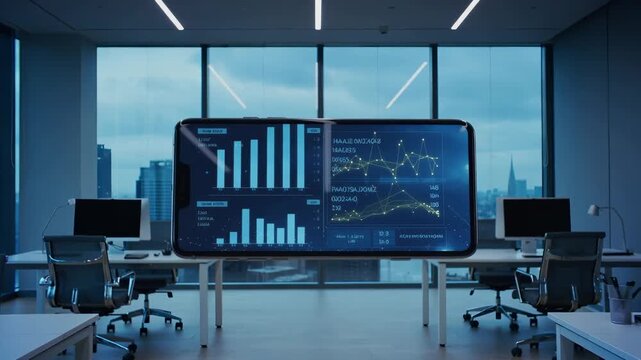 Financial data visualization on smartphone screen in modern corporate office. Wide shot of empty workspace with digital charts.