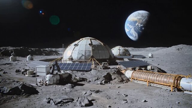 Astronaut standing by heavy machinery at lunar base. Space colony infrastructure with geodesic dome and earth view. Dramatic zoom out from close up to panorama