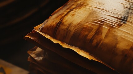 Close up of a textured natural banana leaf used for wrapping food with visible veins and a slightly worn surface