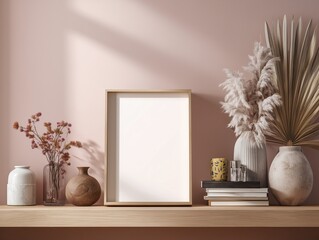 Modern neutral interior frame mockup showcasing empty picture frame, versatile wall background for art and print use with subtle daylight shadow
