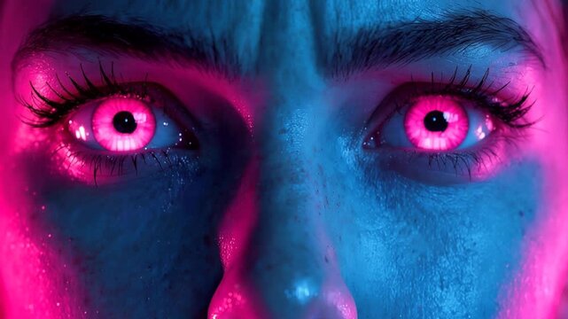 Close-up of woman face with digital glitch effects and neon lighting. Extreme close-up shot