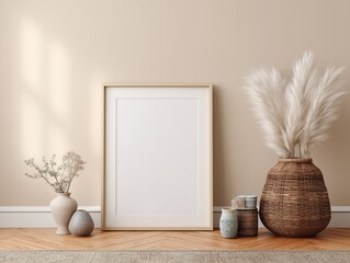 Minimal interior frame mockup with empty picture frame on neutral wall, modern background for artwork presentation enhanced by natural light shadow