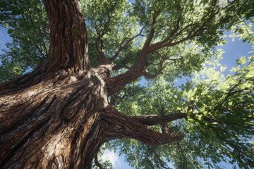 Fototapeta premium View from the ground of a towering tree, its branches reaching towards a bright, blue sky