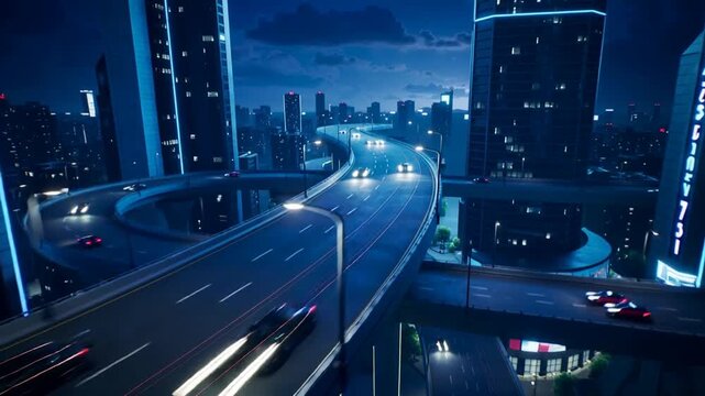 Metropolis traffic flowing through elevated highway system at night. Futuristic city skyline with neon illuminated skyscrapers and multilevel infrastructure. High angle panning shot.