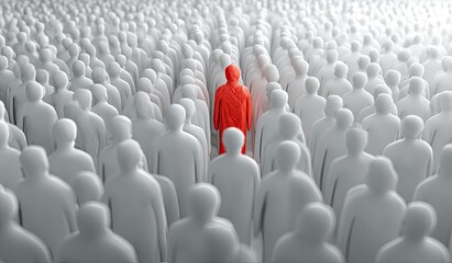 Obraz premium Crowd of grey figures surrounds a single vibrant red person, highlighting individuality
