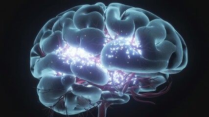 Human brain model with glowing neural activity and synaptic firing. Lockdown shot of anatomical structure. - Powered by Adobe
