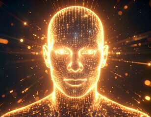 A luminous, digitized human form with glowing eyes against a dark background, evoking technology and consciousness