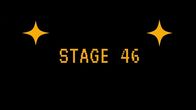 Retro pixel art 'Stage 46' with twinkling stars, perfect for video game intros. 4K video animation for video game.