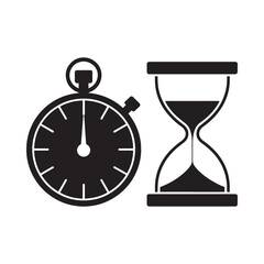 a stopwatch and an hourglass side by side on a white background