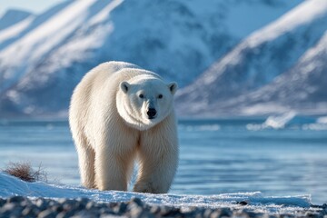 A majestic white bear stands confidently on a rocky shore, snowy mountains in the background