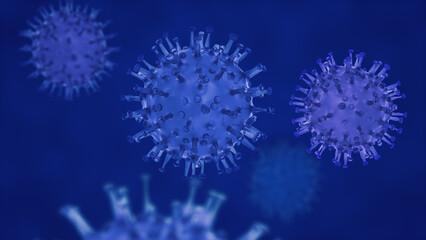 Blue virus particles spreading under a microscope