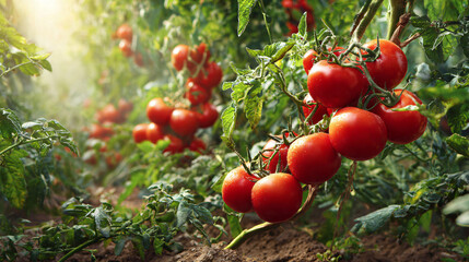 ripe red tomatoes growing on vine in a lush garden.