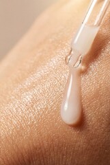 Fototapeta premium Close-up of Skincare Serum Dripping from Glass Pipette onto Clean Skin Texture.Moisturizing Liquid Essence or Face Oil on Skin, Dermatological Care and Anti-Aging Concept.