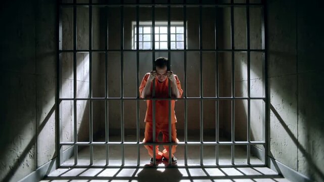 Crying male inmate gripping bars in dark prison cell. Backward camera movement from close-up to wide shot.