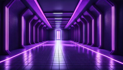 futuristic hallway with purple neon lights and checkered floor in dark interior copy space