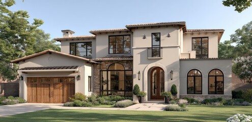 Fototapeta premium A large two-story house with a wooden garage door and arched doorway, surrounded by greenery