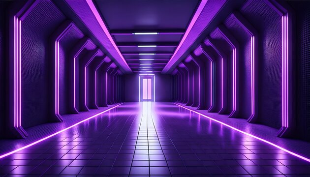 futuristic hallway with purple neon lights and checkered floor in dark interior copy space - Powered by Adobe