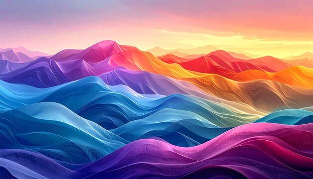 A vibrant artistic representation of undulating colorful mountain ranges bathed in a gradient of warm and cool tones