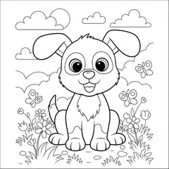 Fototapeta premium A cute cartoon puppy happily sits among spring flowers.