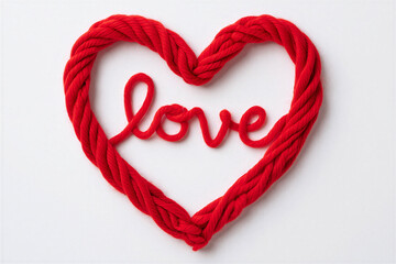Red braided heart shape with love word inside on white background