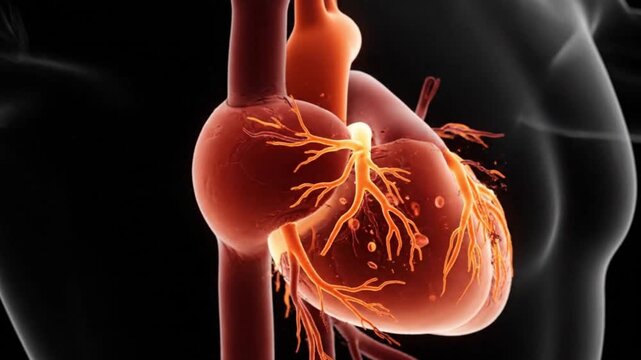 Detailed illustration of a human heart with visible electrical conduction system and transparent body outline