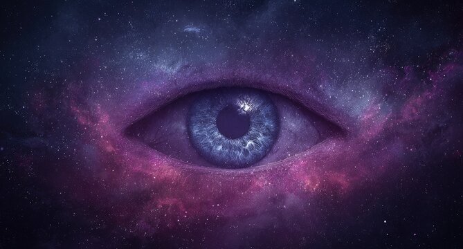 Cosmic eye, a stylized human eye set amidst a vibrant nebula of purple and blue - Powered by Adobe