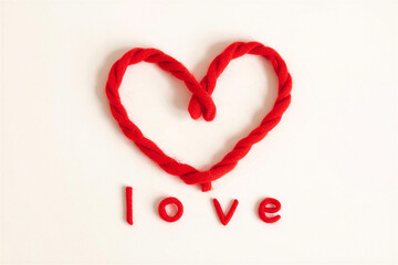 Red yarn heart shape with love text on white background  symbol of affection and care