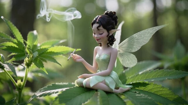Magical forest fairy sitting on cannabis leaf and smoking. Mythical creature relaxing in sunlit woodland setting. Lockdown medium shot.