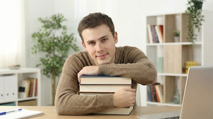 Young man resting chin on stack of books at home workspace  