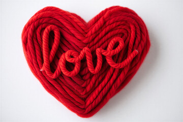 Red yarn heart shape with love word  handmade decorative symbol  Valentines Day gift idea  love concept