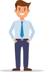 Fototapeta premium A smiling cartoon man in business attire standing confidently with hands in pockets