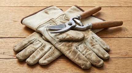 Gardening gloves and pruning shears arranged on wooden table  