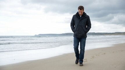 Man walking along beach in overcast weather with hands in pockets  
