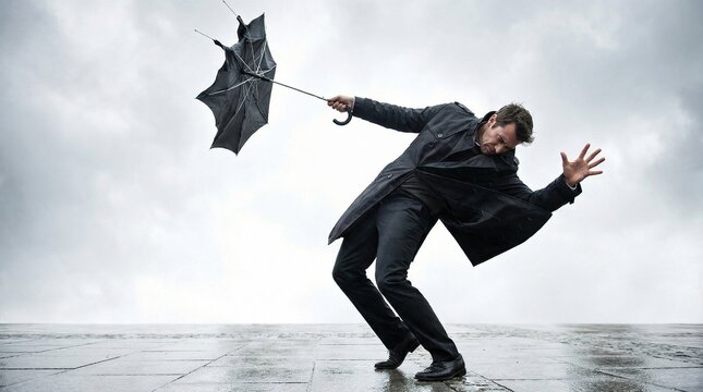 Man struggling with inverted umbrella in strong wind outdoors  