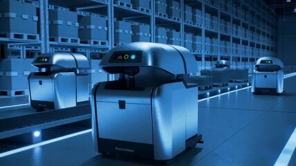 Autonomous warehouse robots transporting cargo on automated conveyor lines. Smart logistics and supply chain management in modern distribution center. Tracking camera movement. - Powered by Adobe